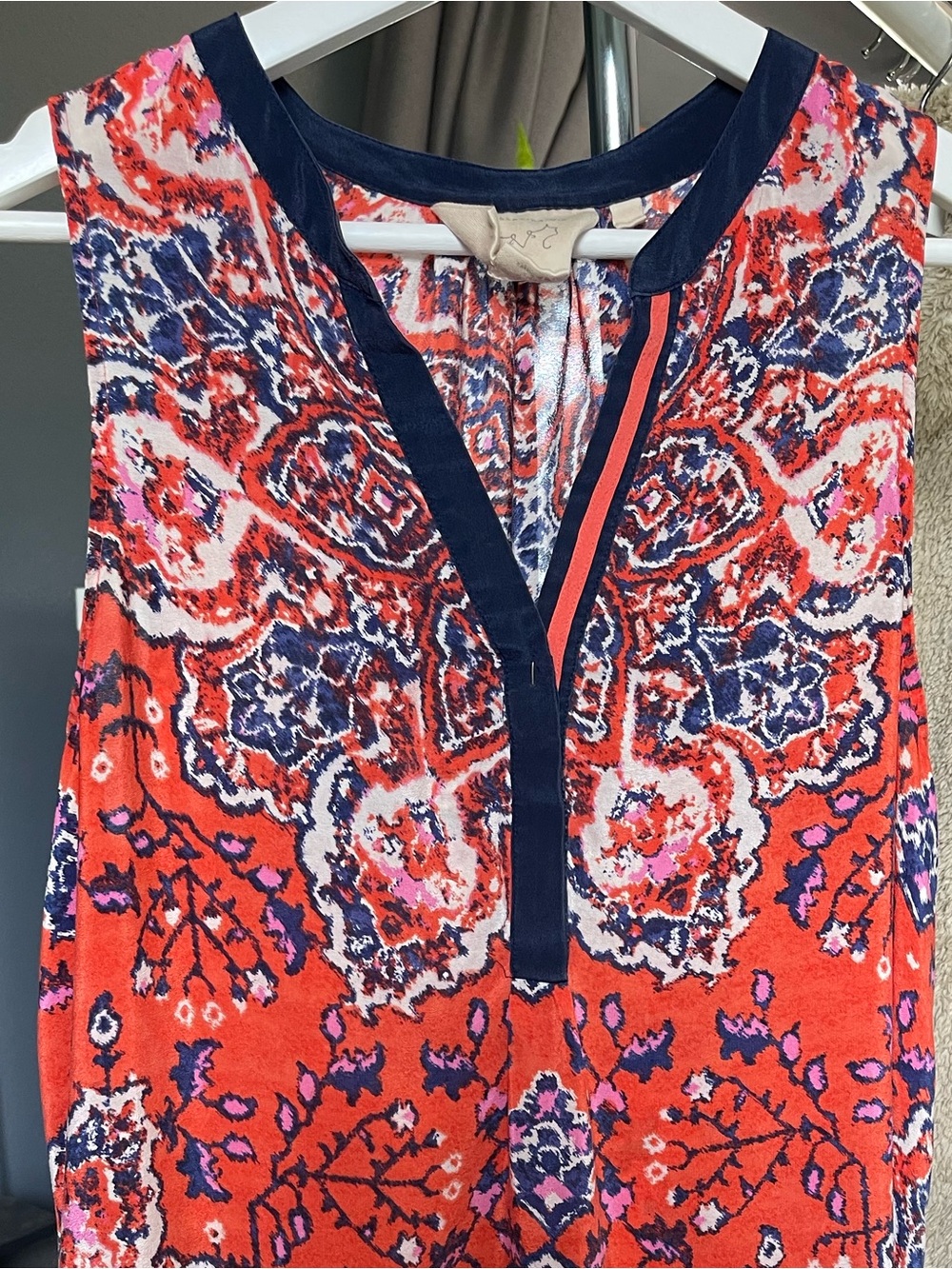 Venessa Virginia Silk Sleeveless Tunic Top - Coral Navy, L